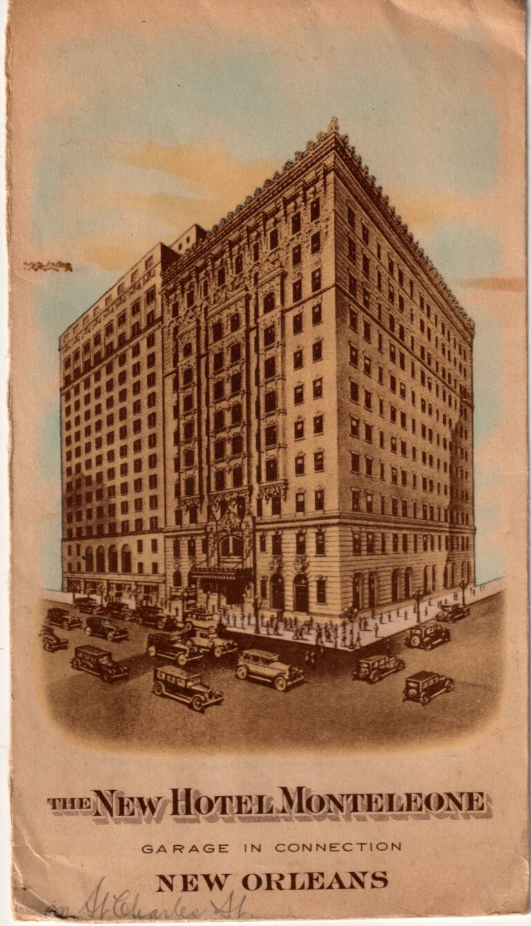 A tinted drawing of a tall brick hotel on a corner, with old cars in the street below
