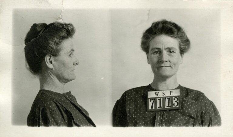 Mug shot of Linda Burfield Hazzard, as she was admitted into the Washington State Pentitentiary, 1913.
