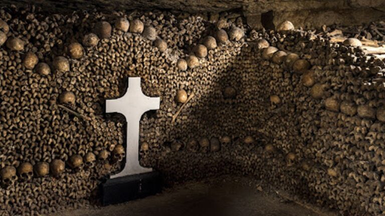 Skulls and Cross inside the Paris Catacombs