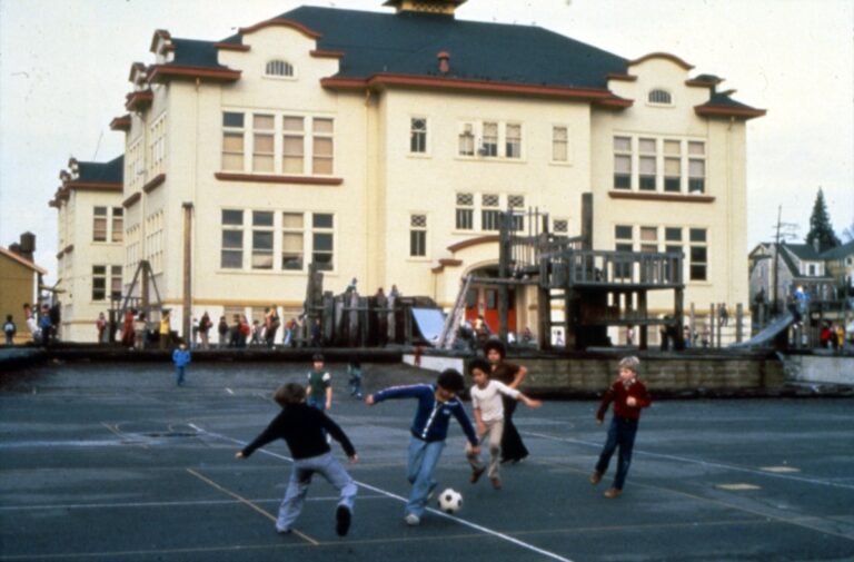 Seattle - Kids playing soccer at University Heights, circa 1980