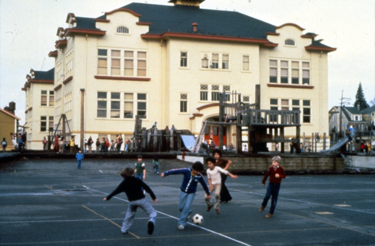 Seattle - Kids playing soccer at University Heights, circa 1980