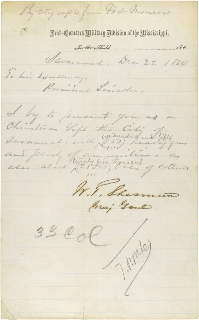 Telegram from General William T. Sherman to President Abraham Lincoln, December 1864