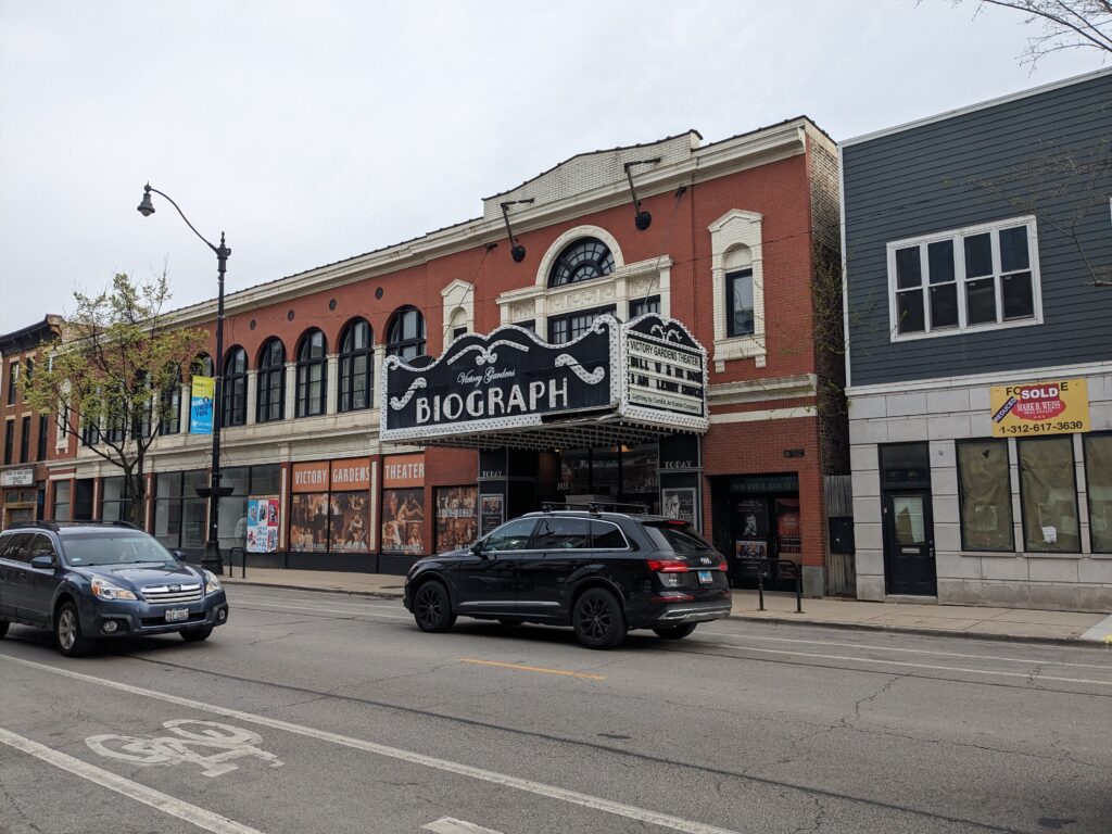 The Biograph Theater's red-brick front and marquee on Lincoln Avenue