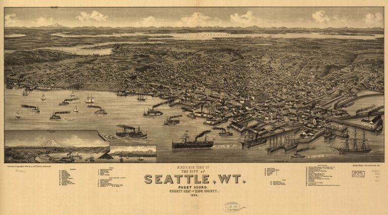 An 1884 bird's-eye drawing of Seattle seen from Elliott Bay, with steamers and wharves along the waterfront and the town climbing the hills behind.