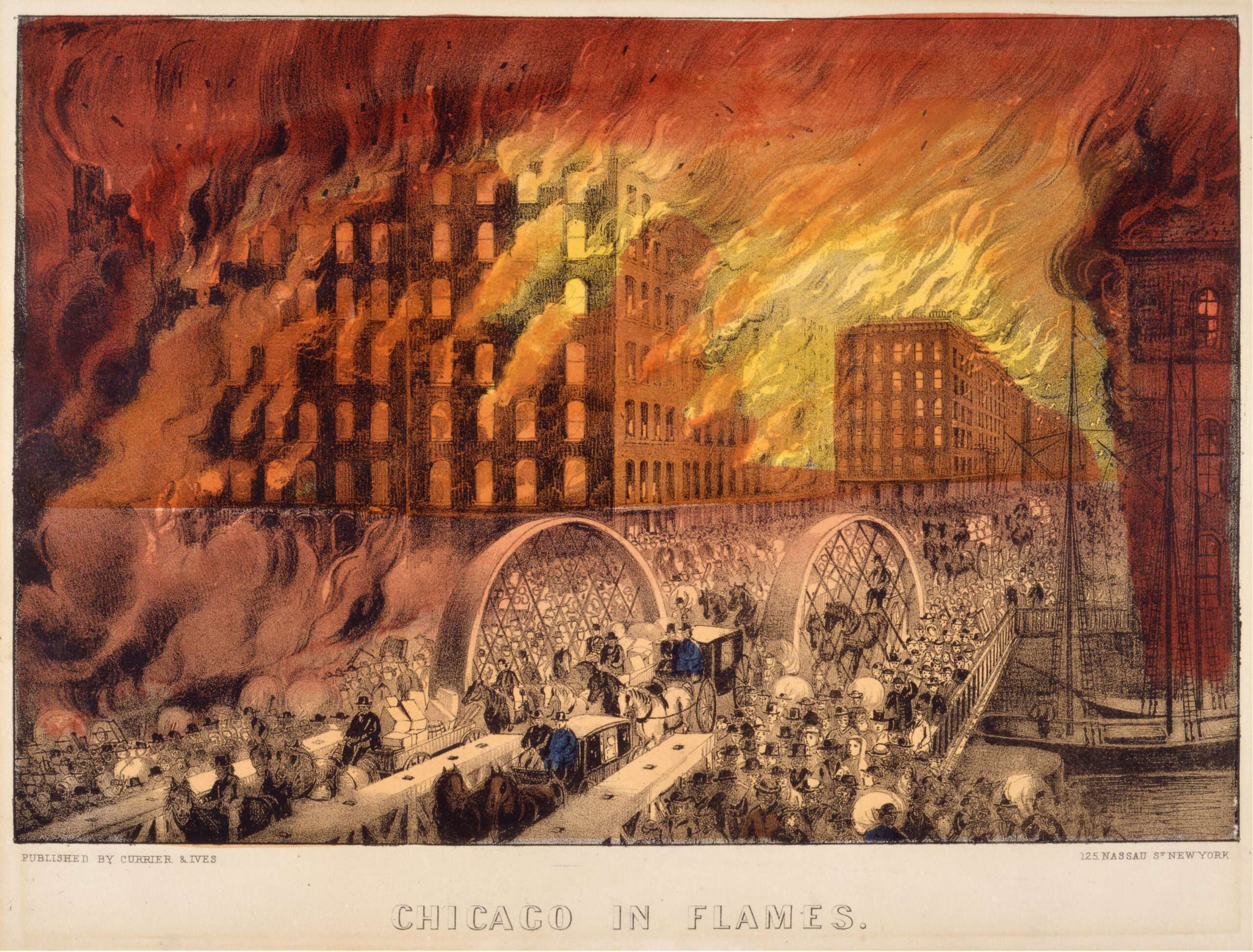 Currier & Ives lithograph of crowds fleeing across a bridge over the Chicago River as the 1871 fire burns downtown