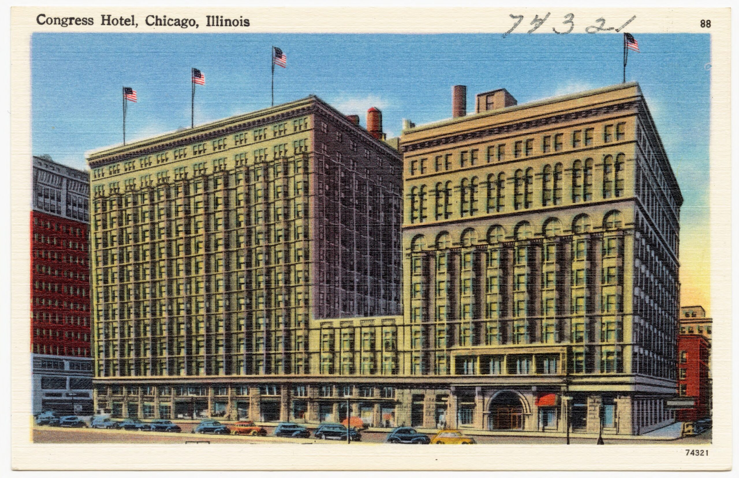 Linen postcard of the Congress Hotel's twin towers on Michigan Avenue, c. 1930–45