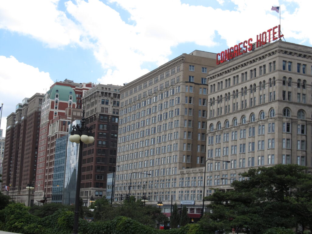 The Congress Plaza Hotel's brick towers on Michigan Avenue, with the Congress Hotel sign on the roof