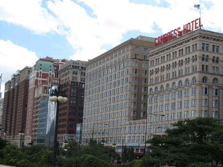 The Congress Plaza Hotel's brick towers on Michigan Avenue, with the Congress Hotel sign on the roof