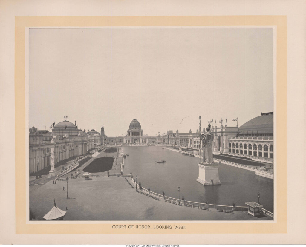 The Court of Honor at the 1893 World's Columbian Exposition in Chicago: white domed exhibition halls around a long reflecting basin