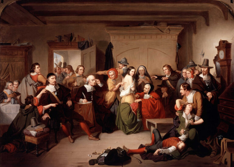 Painting of a crowded room where Puritan men examine a young woman while others point and recoil