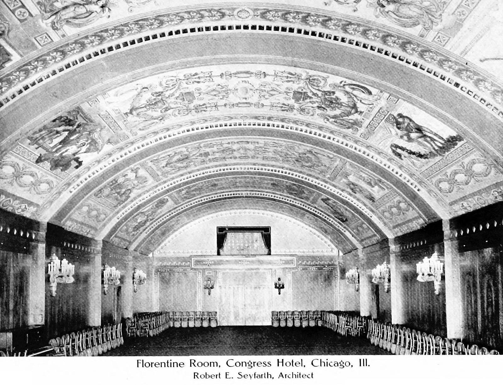 The Florentine Room banquet hall at the Congress Hotel in 1913, under a painted barrel-vaulted ceiling