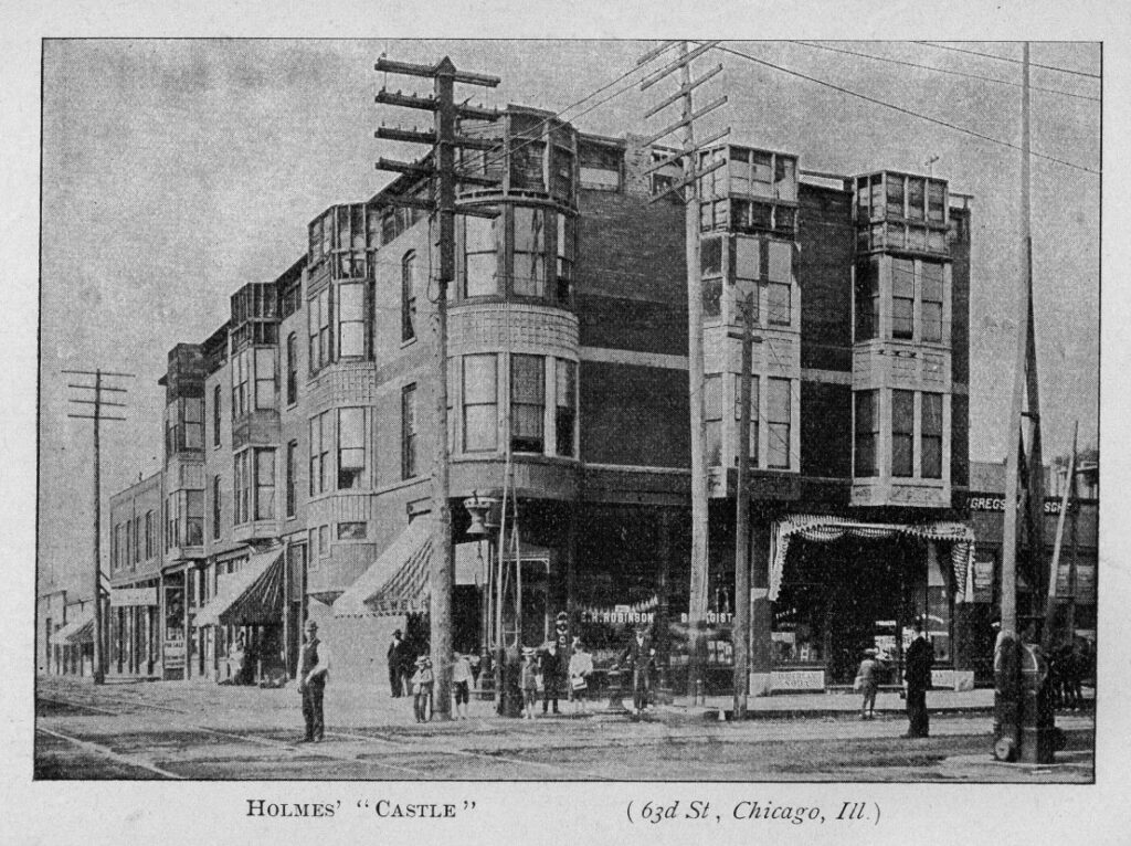 H. H. Holmes' 'Castle' at 63rd Street in Englewood, a three-story corner building with bay windows