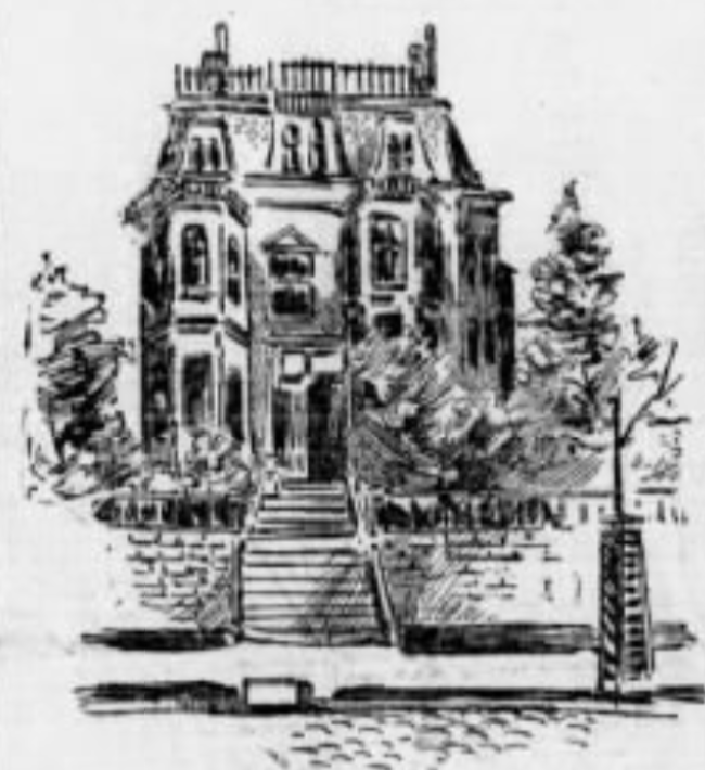 An 1892 newspaper drawing of a three-story mansion with a mansard roof behind a row of trees