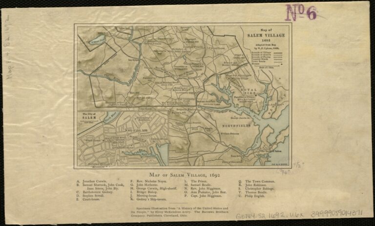 Old printed map of Salem Village in 1692, with the town of Salem in the lower left corner