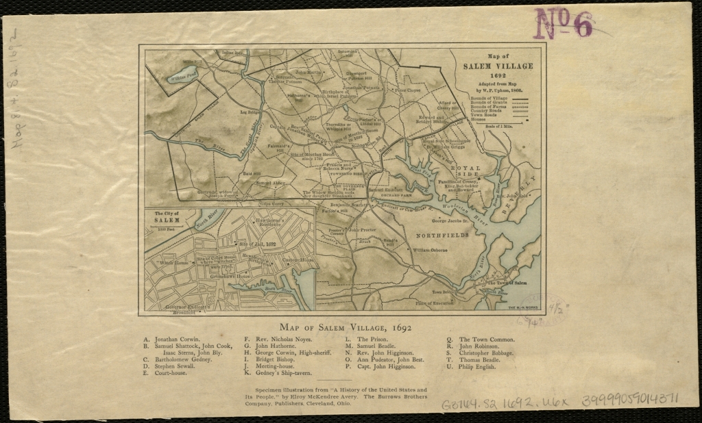 Old printed map of Salem Village in 1692, with the town of Salem in the lower left corner