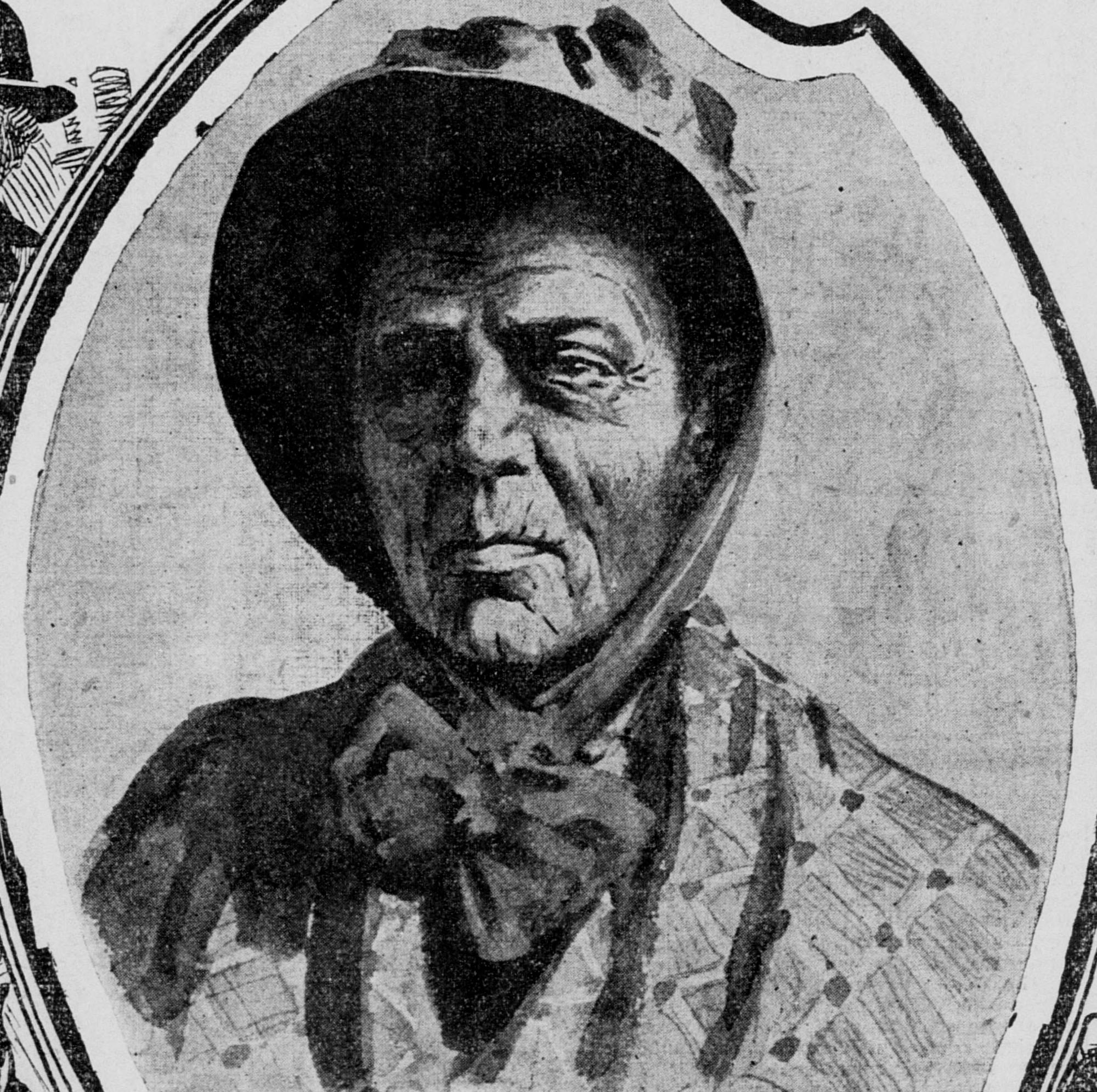 A newspaper drawing in an oval frame of an elderly Black woman in a dark bonnet tied with a large bow, her expression stern