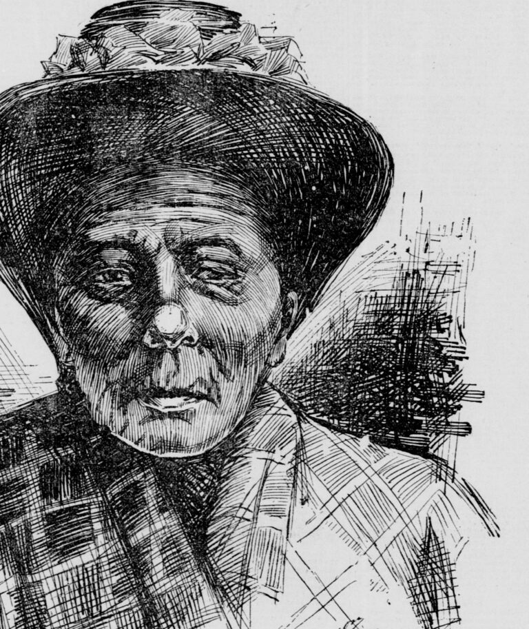 A pen-and-ink newspaper portrait of an elderly Black woman in a wide-brimmed hat trimmed with flowers and a plaid shawl, looking straight out