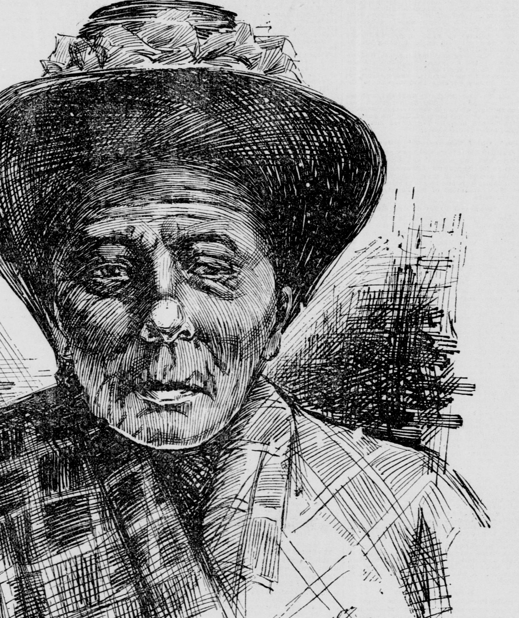 A pen-and-ink newspaper portrait of an elderly Black woman in a wide-brimmed hat trimmed with flowers and a plaid shawl, looking straight out