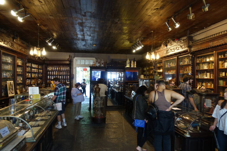 A long shop room lined with tall wooden cabinets of bottles and jars, with visitors at the glass counters