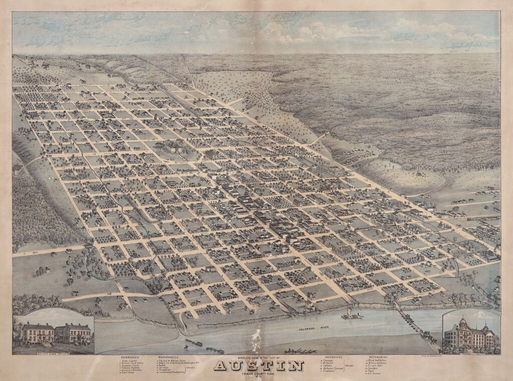 An 1873 bird's-eye lithograph of Austin's street grid rising from the Colorado River toward the hills