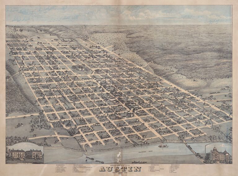An 1873 bird's-eye lithograph of Austin's street grid rising from the Colorado River toward the hills