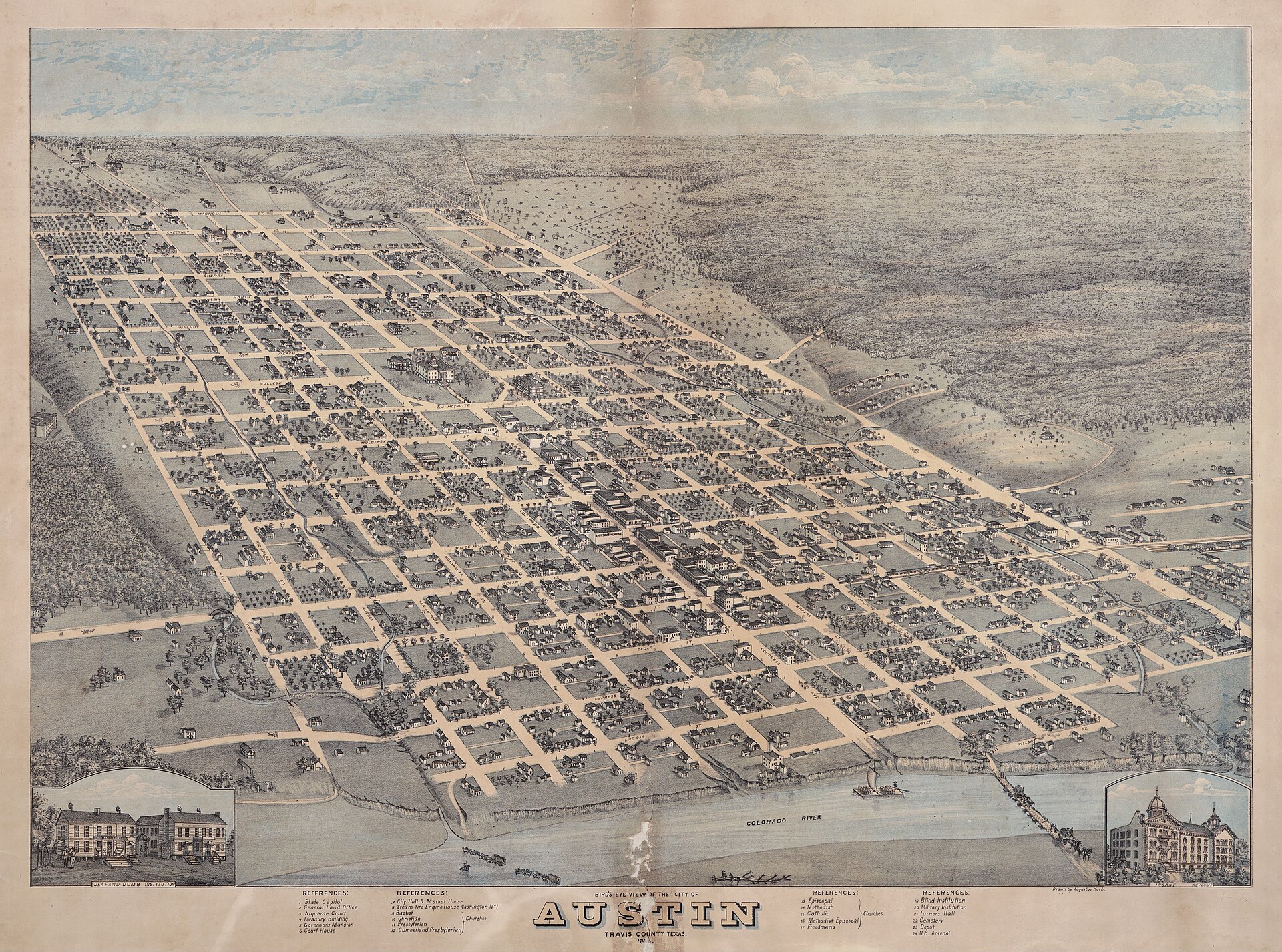 An 1873 bird's-eye lithograph of Austin's street grid rising from the Colorado River toward the hills