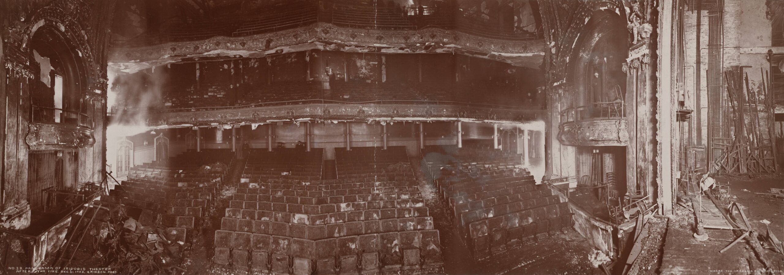 Panorama of the Iroquois Theatre's burned-out auditorium after the fire of December 30, 1903