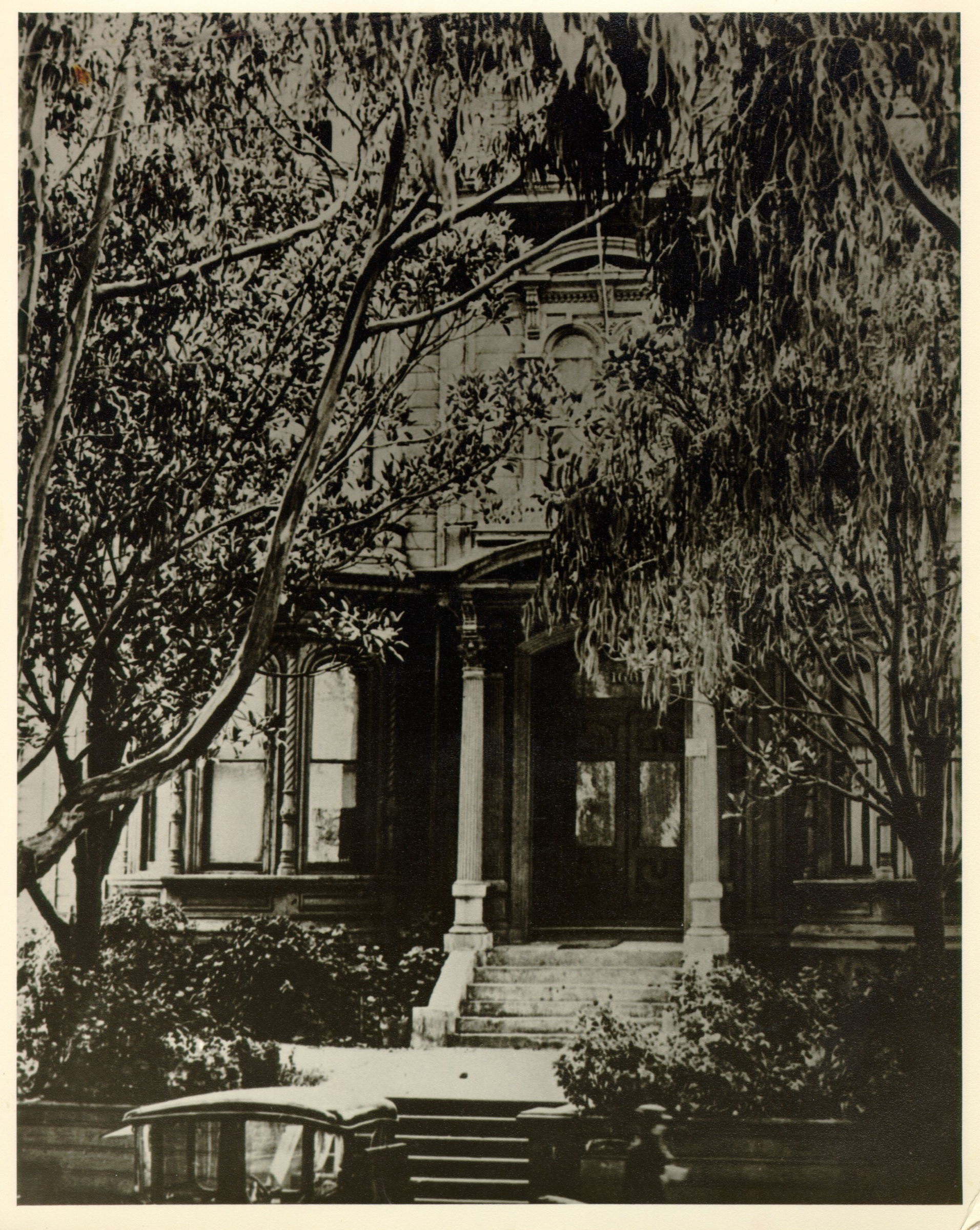 An old photograph of a Victorian mansion's front steps and arched doorway half hidden behind the drooping branches of eucalyptus trees, with the roof of an old car in the foreground