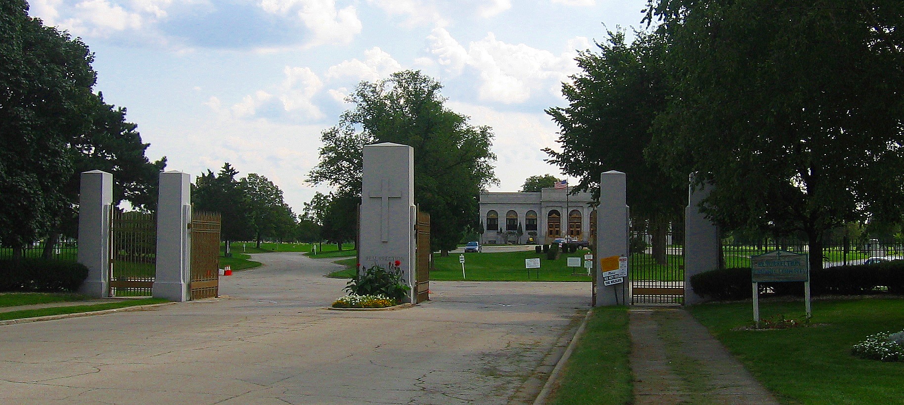 The entrance gates of Resurrection Cemetery on Archer Avenue