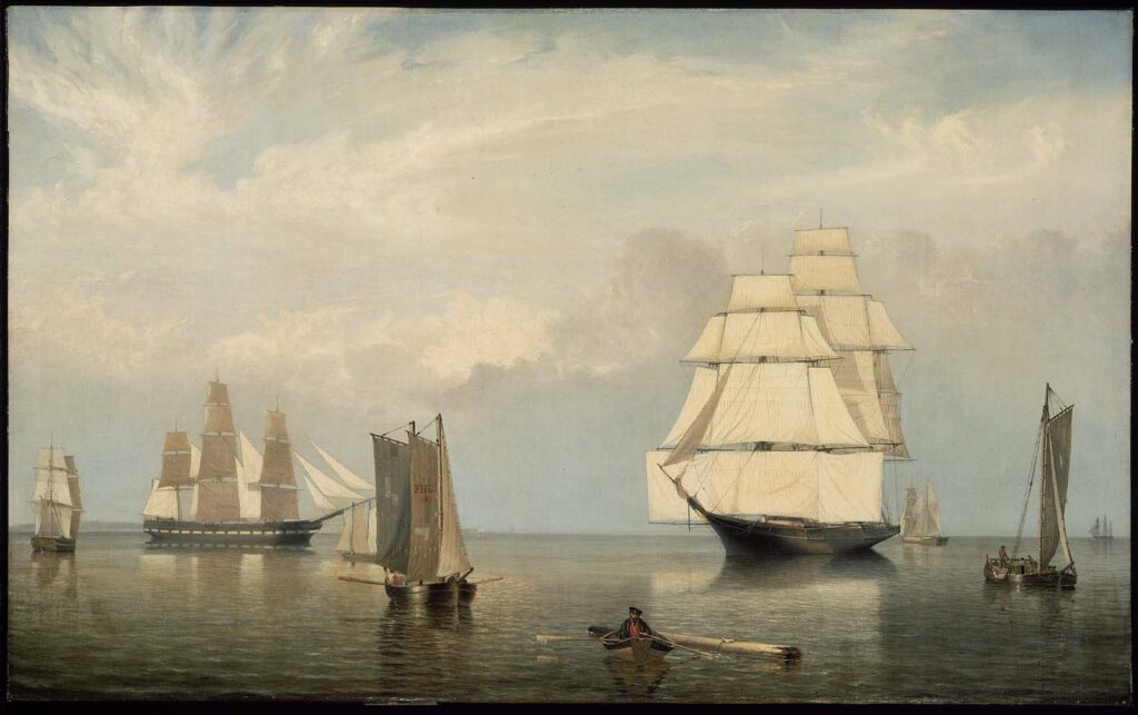 Painting of tall sailing ships at anchor and under sail in calm Salem Harbor