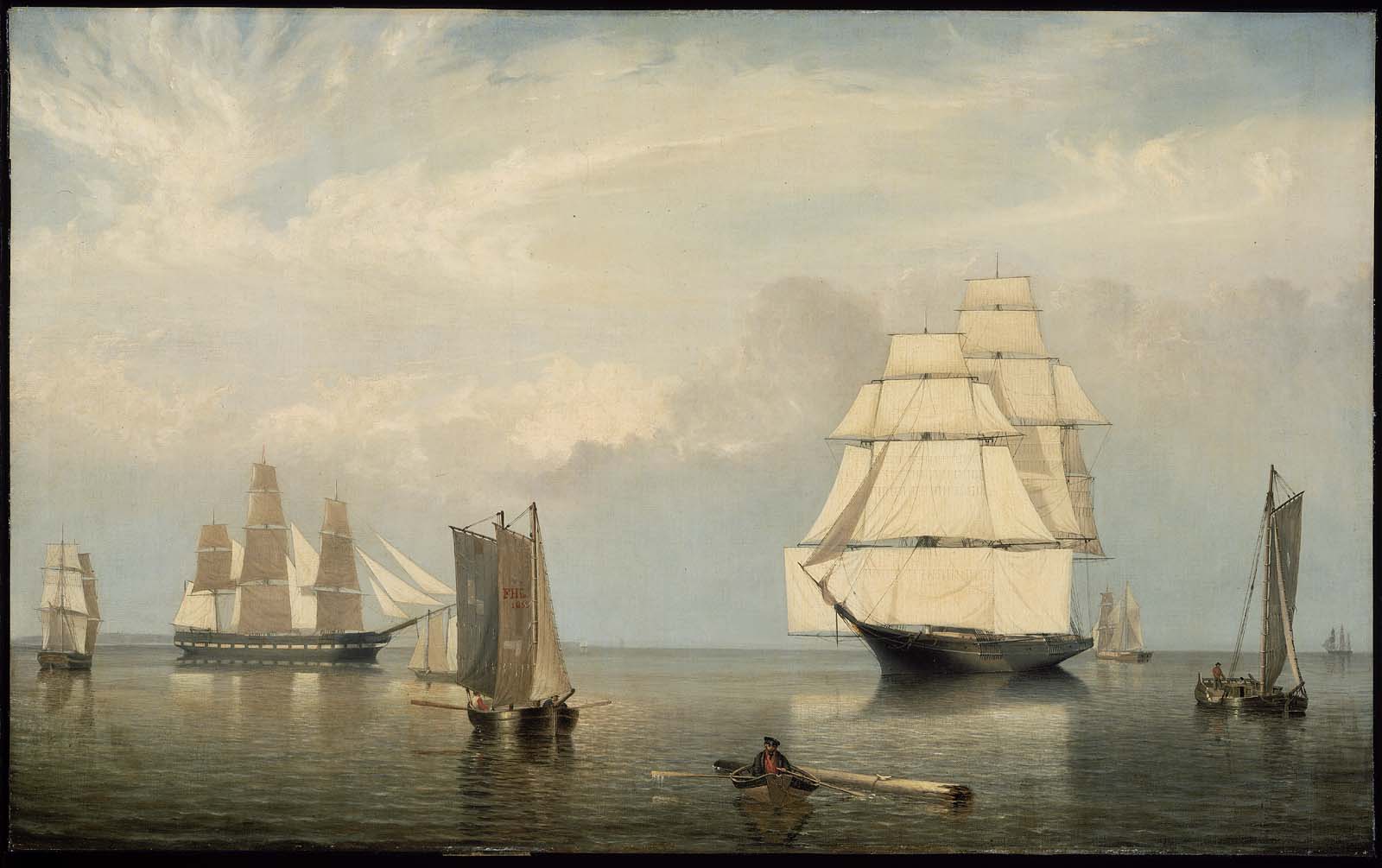 Painting of tall sailing ships at anchor and under sail in calm Salem Harbor