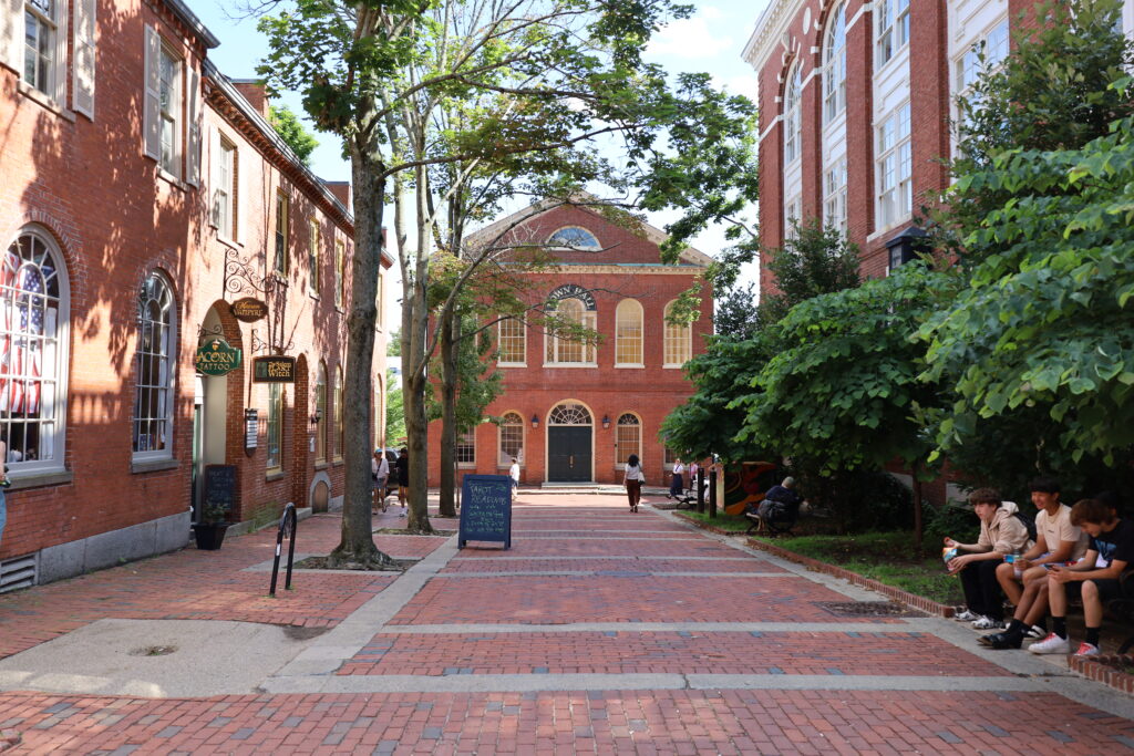 Salem's red-brick Old Town Hall at the end of a brick pedestrian street