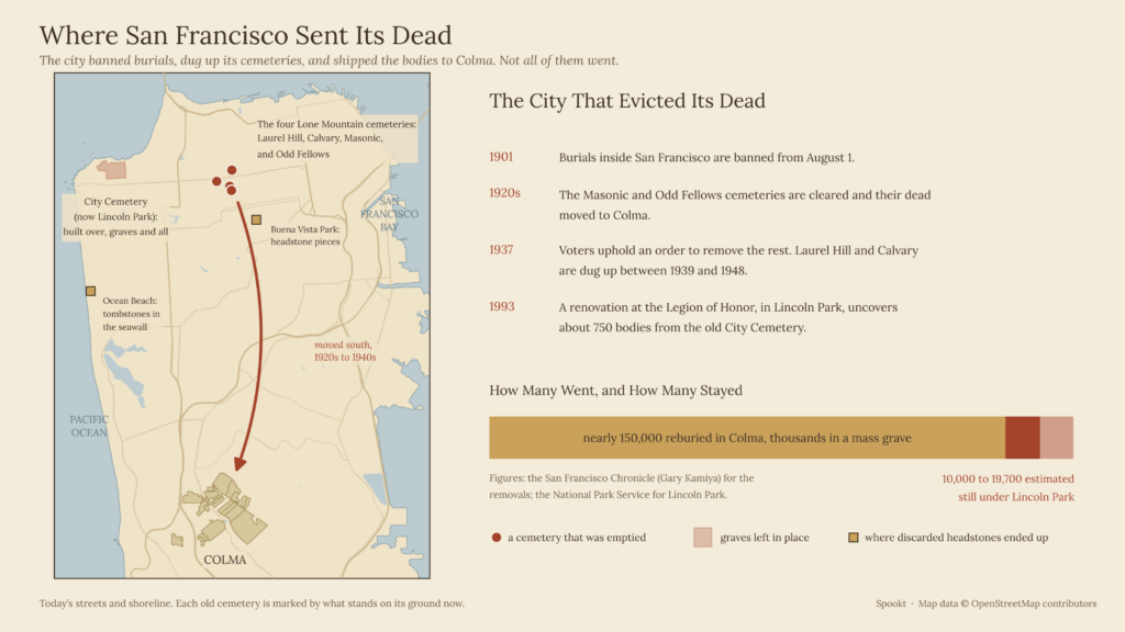 A map of the San Francisco peninsula with four dots for the old Lone Mountain cemeteries, an arrow from them south to the cemeteries of Colma, and Lincoln Park shaded in the northwest corner, beside a timeline and a bar showing nearly 150,000 reburied in Colma and 10,000 to 19,700 estimated still under Lincoln Park.