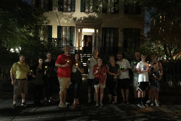 Guests on the Ghostwalker Tour having fun with the real K2 EMF meters we provide to hunt Paranormal Activity with during the tour!