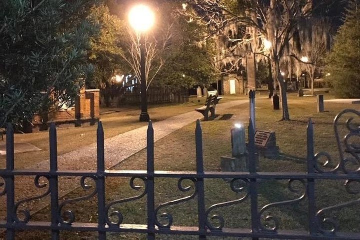 Great capture of a small bright white orb on child's tombstone just behind fence.