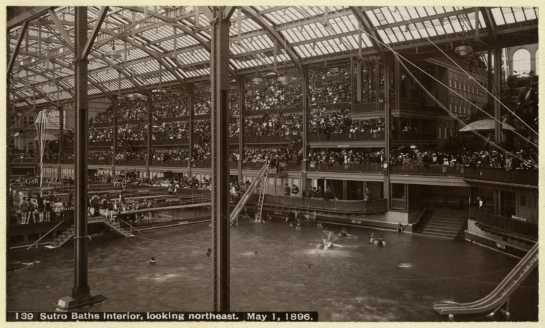 The glass-roofed interior of Sutro Baths in 1896, with its pools and galleries