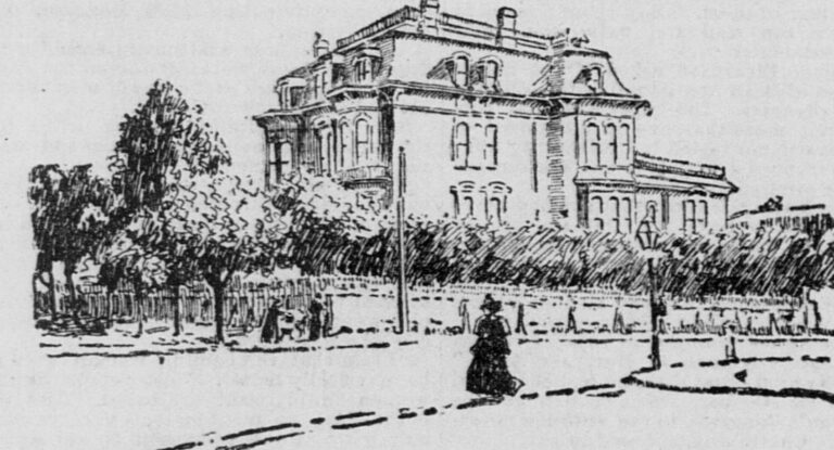A newspaper line drawing of a large three-storey Victorian mansion behind a garden wall and trees, with a woman in a long dark dress walking on the sidewalk in front