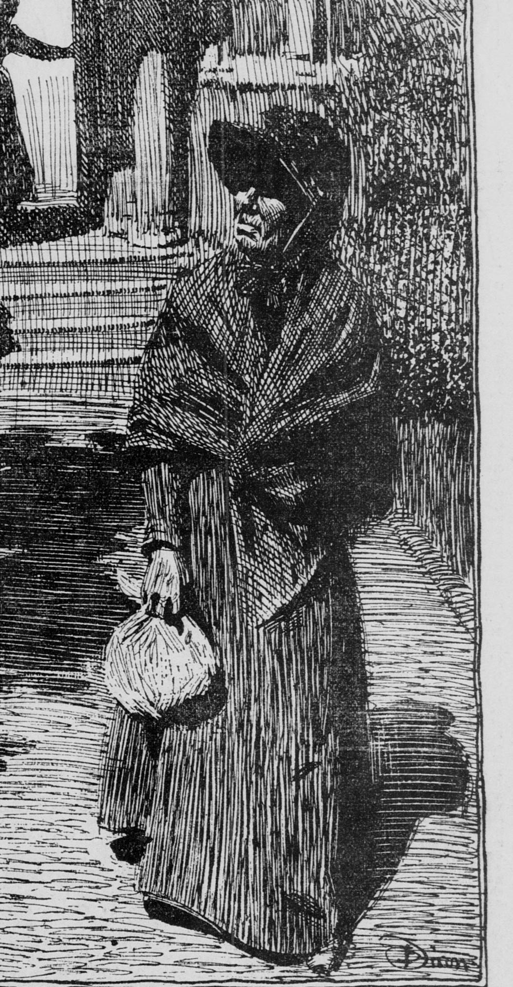 A newspaper drawing of an elderly woman in a bonnet and shawl walking down a garden path away from a large house, carrying a small cloth bundle