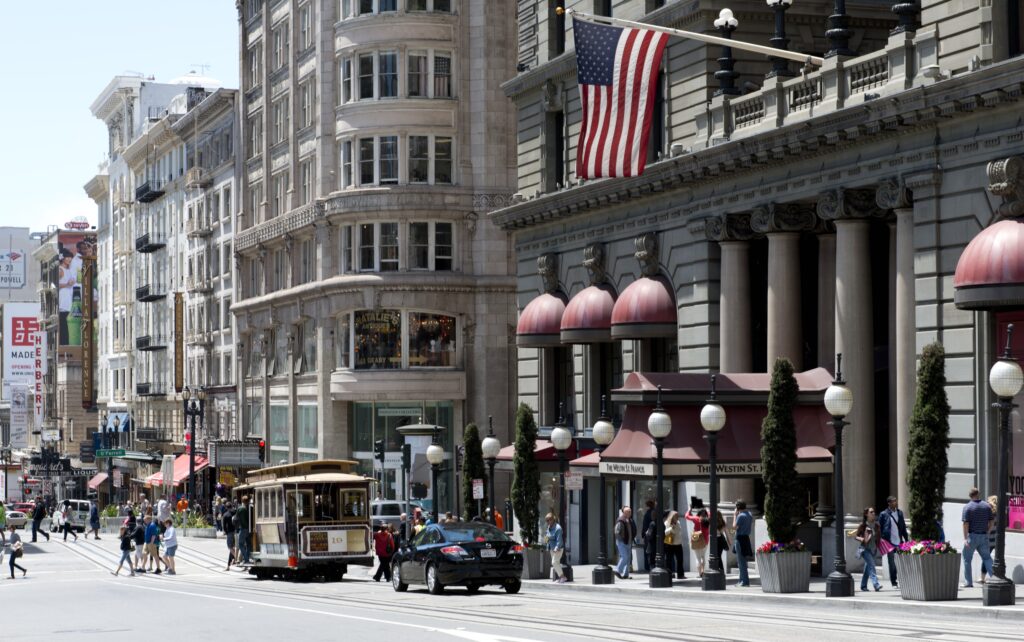 The Powell Street facade of the Westin St. Francis hotel, facing Union Square