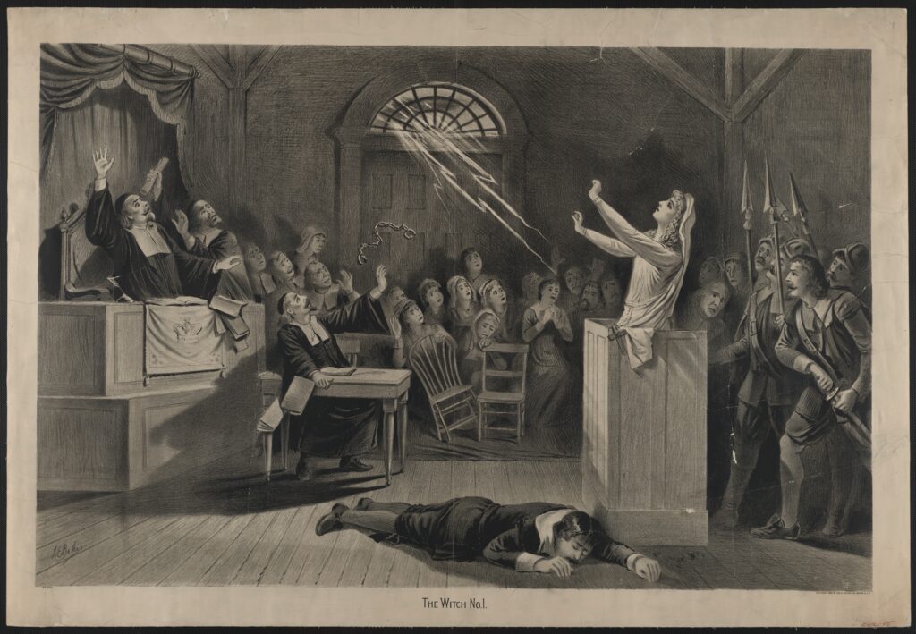 Lithograph of an accused woman standing in a courtroom as a lightning bolt strikes, while a man lies on the floor