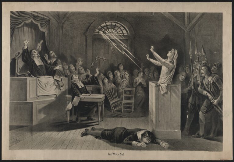 Lithograph of an accused woman standing in a courtroom as a lightning bolt strikes, while a man lies on the floor