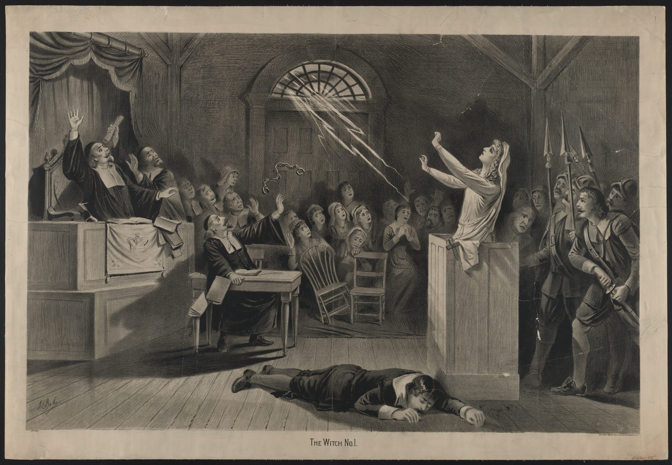 Lithograph of an accused woman standing in a courtroom as a lightning bolt strikes, while a man lies on the floor
