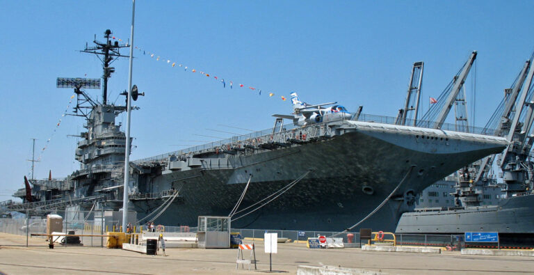 The aircraft carrier USS Hornet moored at its pier in Alameda as a museum ship